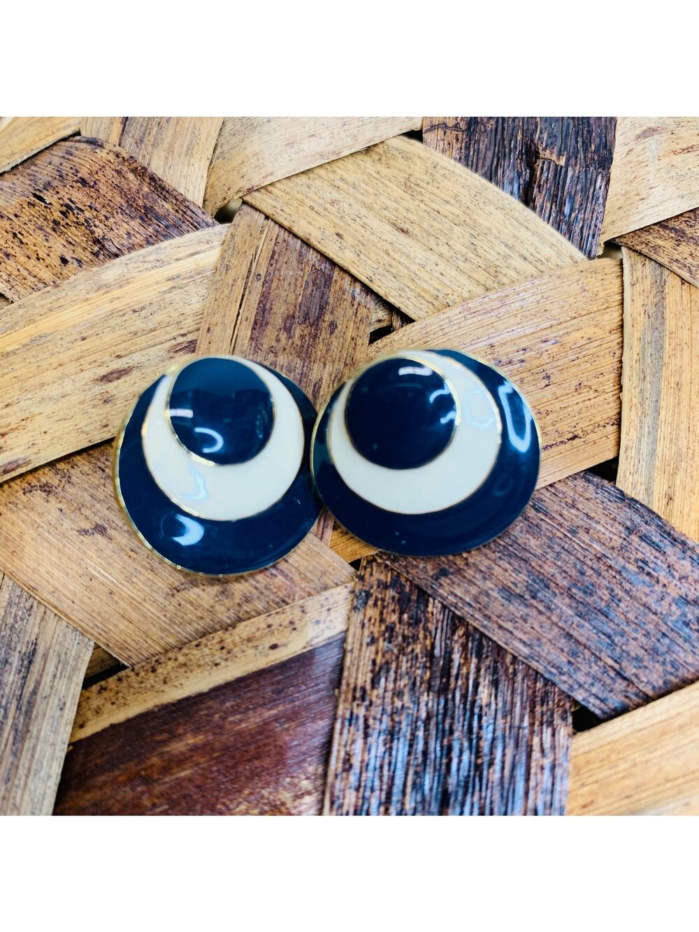 Vintage Blue Cream Enamel Earrings Circle Swirl 7/8"